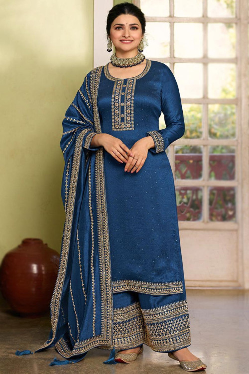 Royal Blue Silk Georgette Embroidered Trouser Suit