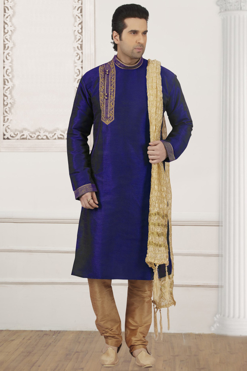 Royal Blue Silk Kurta Pajama with Lace Work for Diwali
