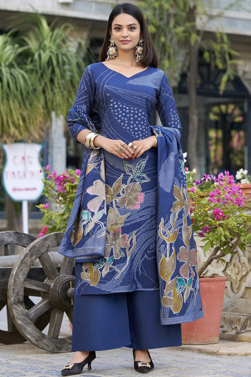 Royal Blue Silk Printed Straight Cut Palazzo Suit