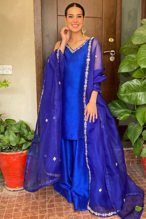 Royal Blue Silk Straight Cut Wedding Sharara Suit