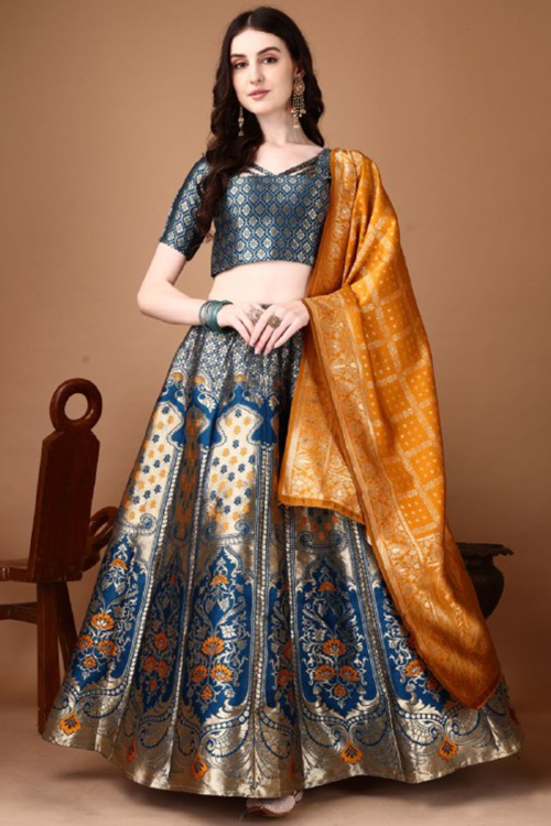 Royal Blue Silk Lehenga with Ornate Zari Panelled Work