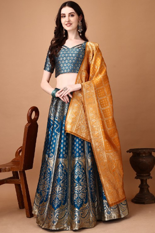Traditional Zari Panel Lehenga in Royal Blue Silk Weave