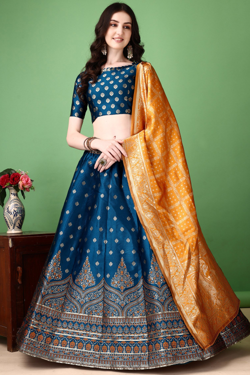 Zari Panelled Style Lehenga in Smooth Royal Blue Silk