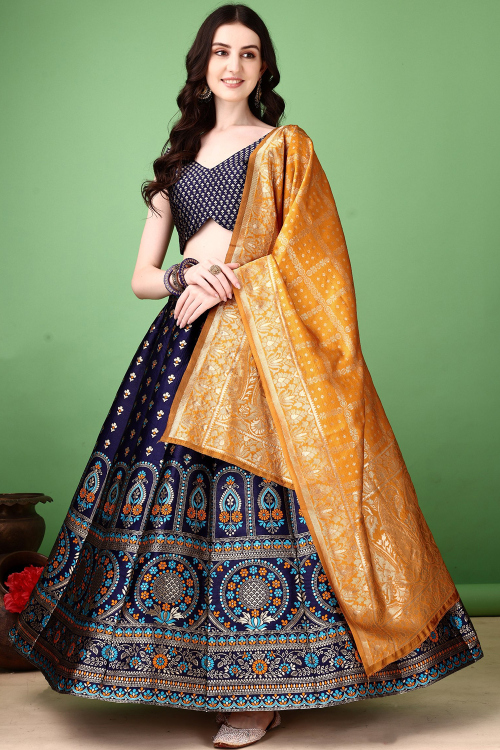 Woven Zari Panelled Lehenga in Rich Royal Blue Silk