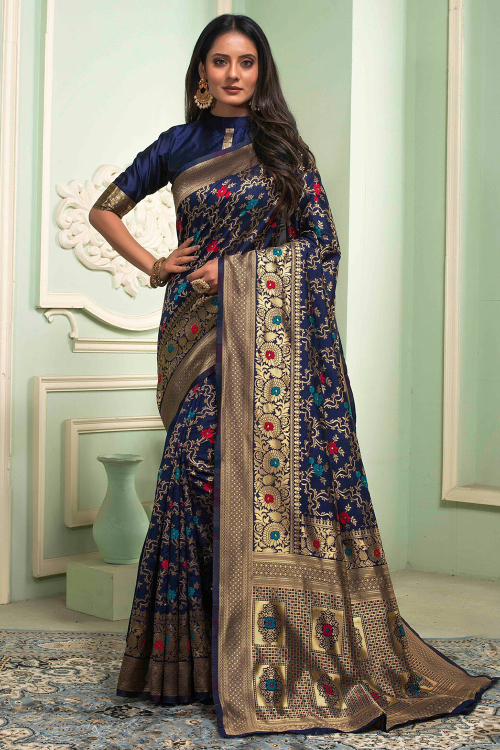 Royal Blue Woven Zari Broad Border Saree