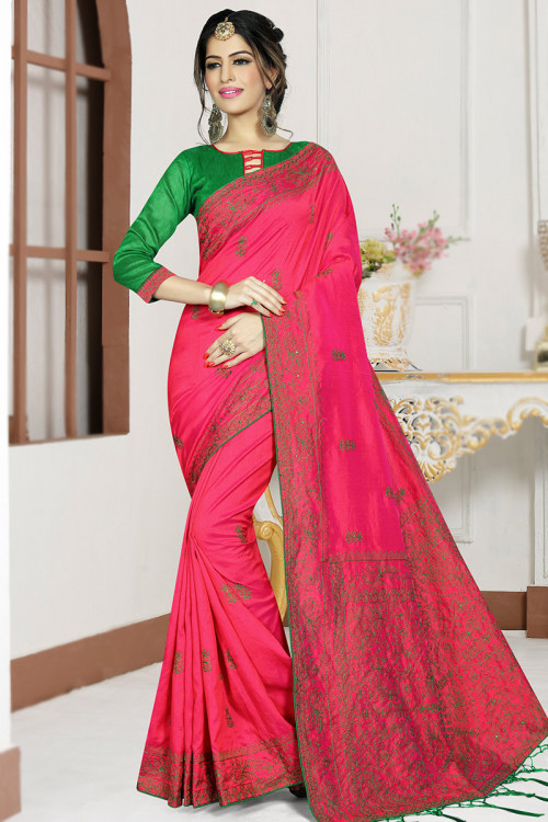 Ruby Pink Art Silk Embroidered Casual Wear Saree