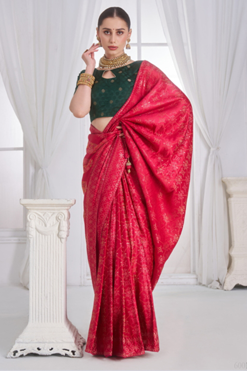 Ruby Pink Art Silk Saree With Weaved Work For Festival