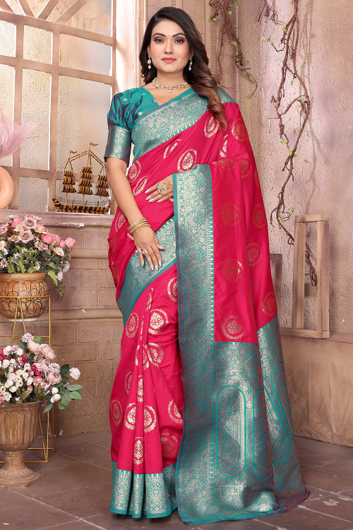 Ruby Pink Art Silk Weaved Broad Border Saree