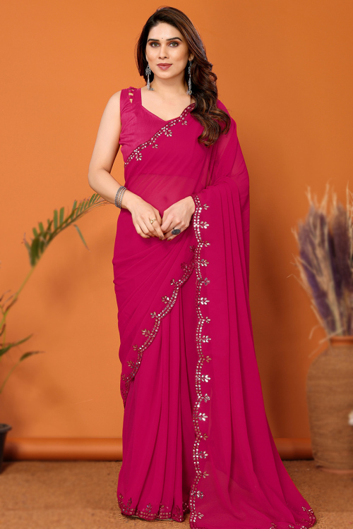 Ruby Pink Casual Wear Embroidered Georgette Saree 