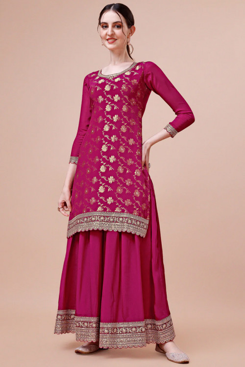 Ruby Pink Chanderi Silk Weaved Zari Palazzo Suit For Sangeet 