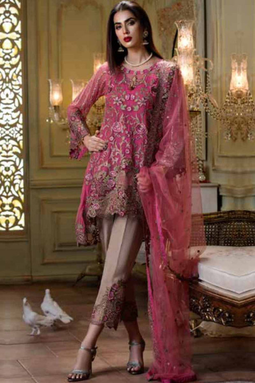 Ruby Pink Chiffon Embroidered Straight Pant Suit