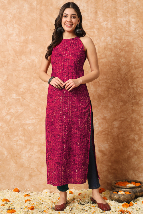 Ruby Pink Cotton Kurti With Printed Work For Casual Wear