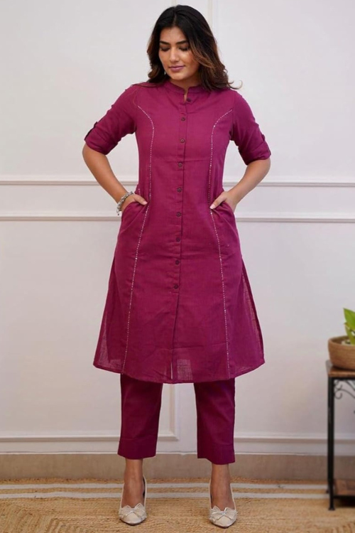 Ruby Pink Cotton Plain Front Slit Ready Made Trouser Suit