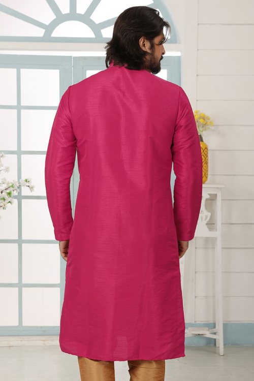 Ruby Pink Dupion Silk Embroidered Straight Cut Men's Kurta