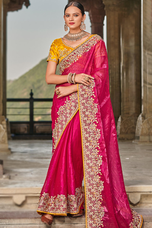 Ruby Pink Woven Satin Silk Banarasi Saree - Urban Womania