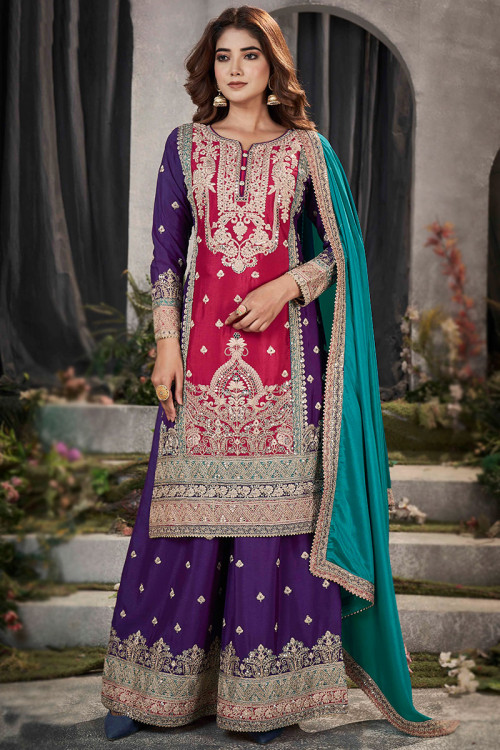 Ruby Pink Embroidered Chinnon Straight Cut Palazzo Suit