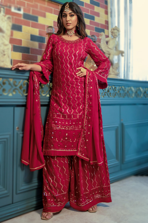 Ruby Pink Festival Wear Georgette Straight Cut Palazzo Suit