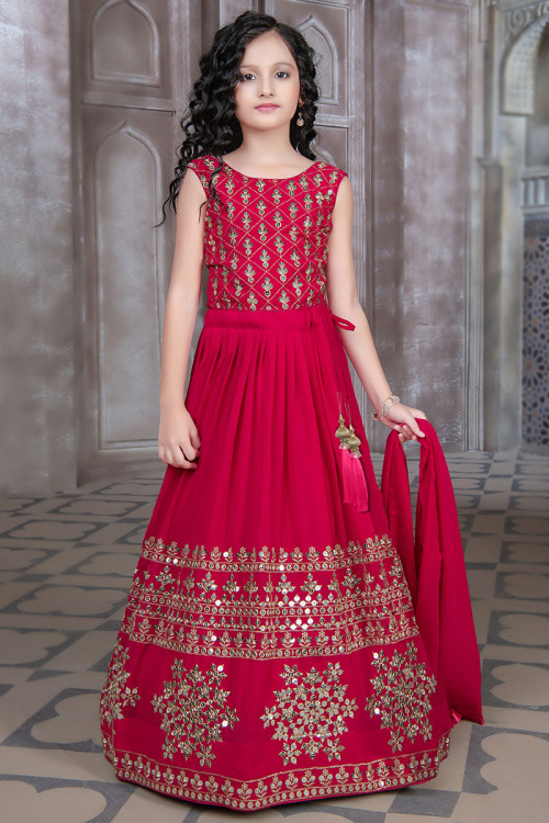 Ruby Pink Georgette A Line Sequins Embroidered Lehenga