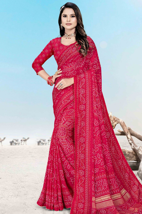 Ruby Pink Georgette Bandhej Printed Saree For Casual Wear