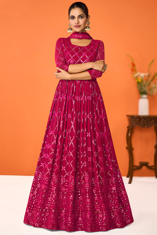 Anarkali with Churidar Anarkali Suit in Georgette Ruby Pink for Party 
