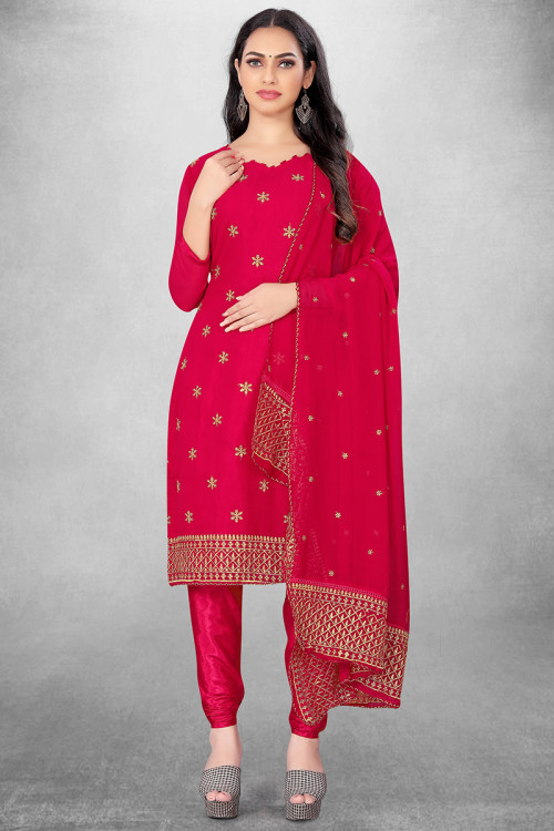 Ruby Pink Georgette Embroidered Churidar Suit