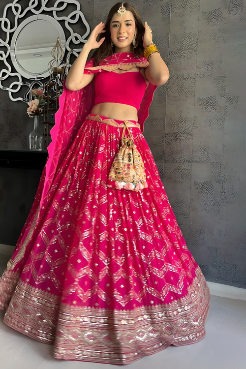 Ruby Pink Georgette Embroidered Flared Style Lehenga 