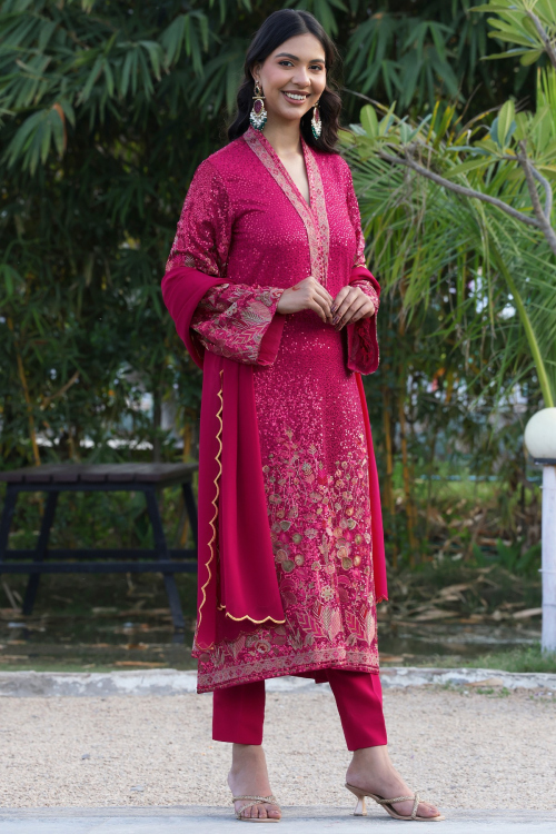 Ruby Pink Georgette Resham Thread Embroidered Eid Trouser Suit