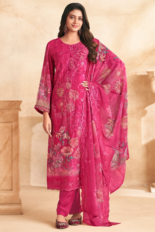 Ruby Pink Georgette Printed Straight Cut Trouser Suit 