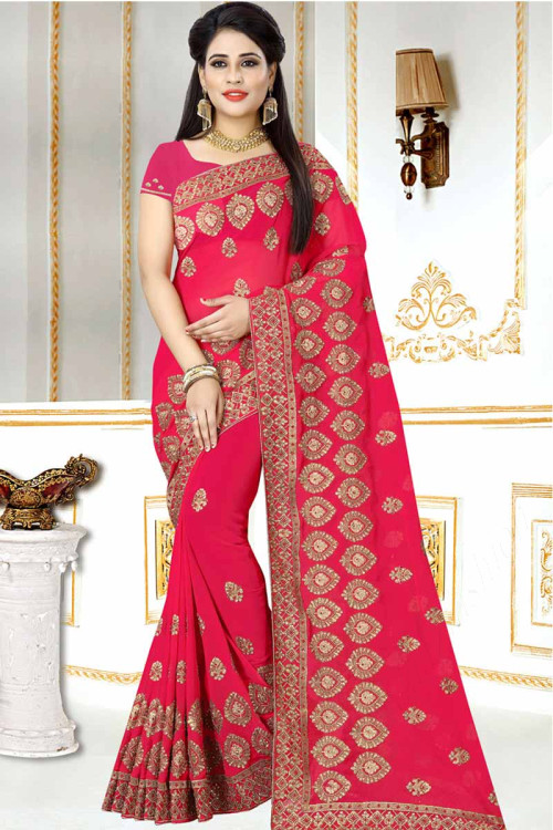 Ruby pink Georgette Saree With Georgette Blouse