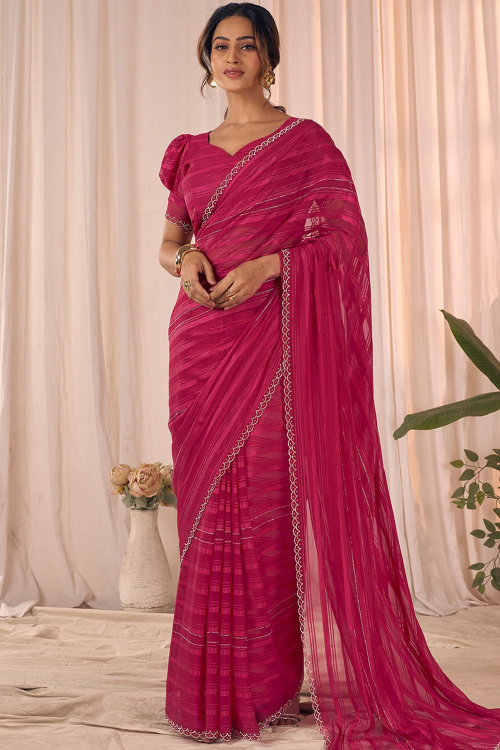 Ruby Pink Georgette Shimmer Saree With Stone Work For Festival 