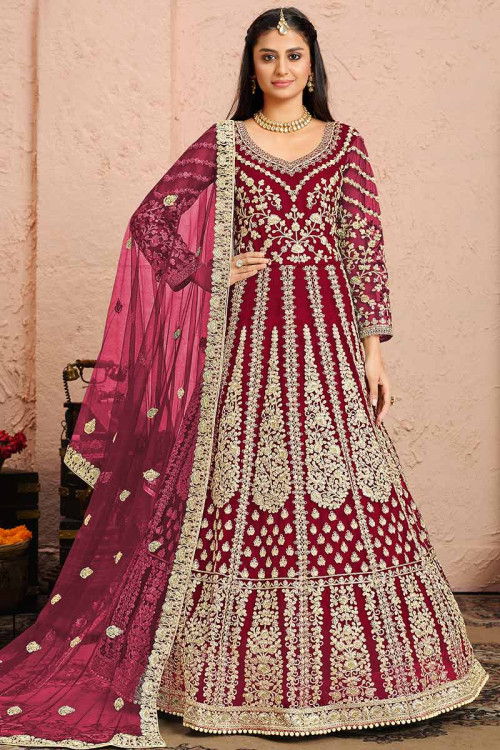 Ruby Pink Net Floor Length Bridal Anarkali Suit