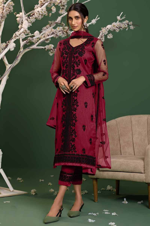 Ruby Pink Net Straight Pant Trouser Suit
