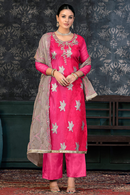 Ruby Pink Organza Embroidered Straight Cut Palazzo Suit