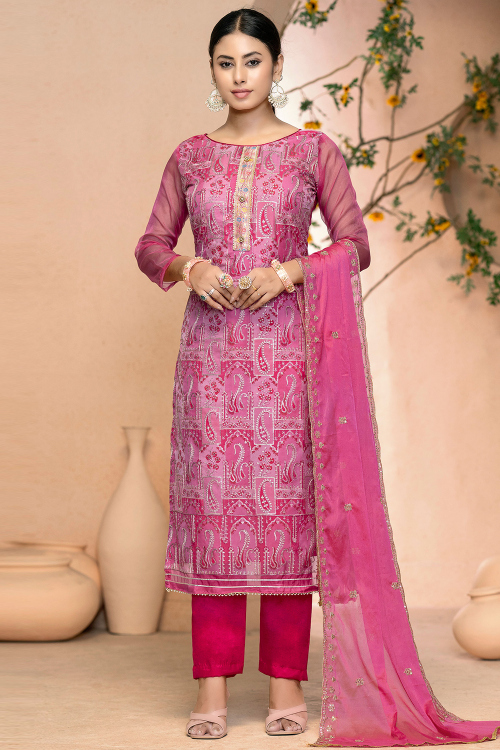 Ruby Pink Organza Printed Straight Cut Suit