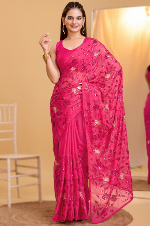 Ruby Pink Organza Sequins Embroidered Saree For Sangeet