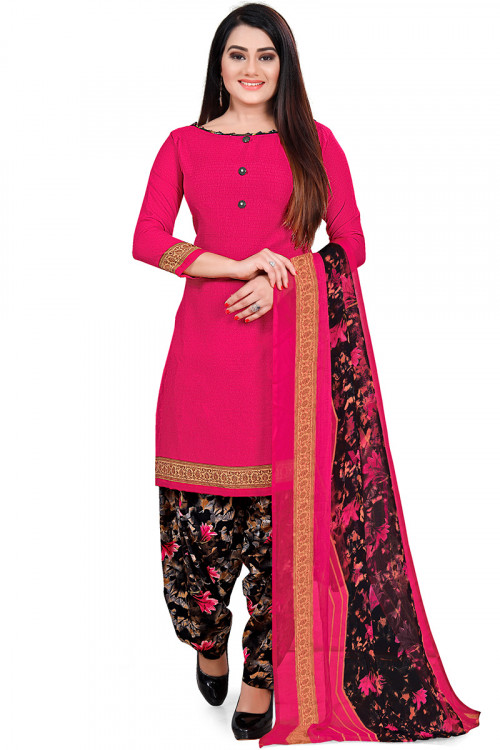Ruby Pink Printed Cotton Straight Cut Patiala Suit 