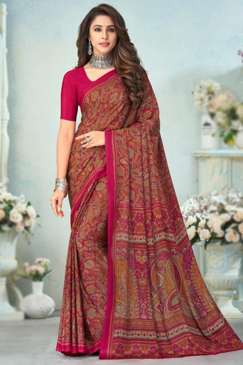 Ruby Pink Printed Crepe Saree