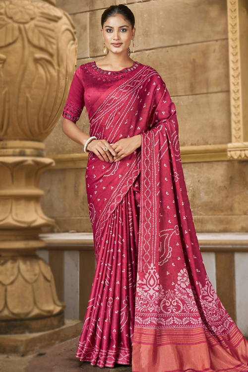 Ruby Pink Printed Silk Bandhej Saree