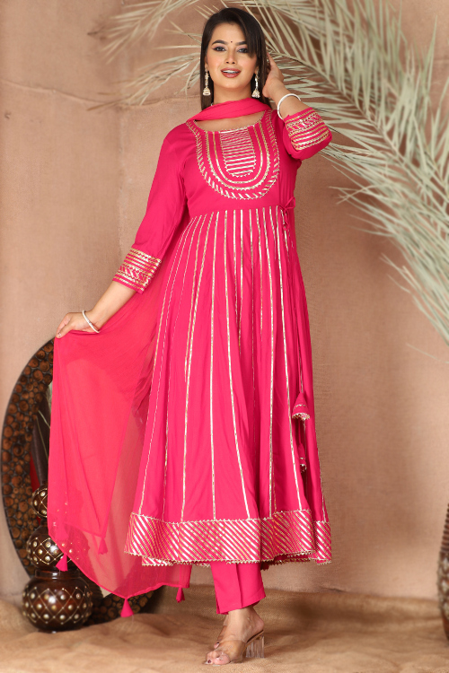 Ruby Pink Rayon Embroidered Gota Patti Anarkali Suit