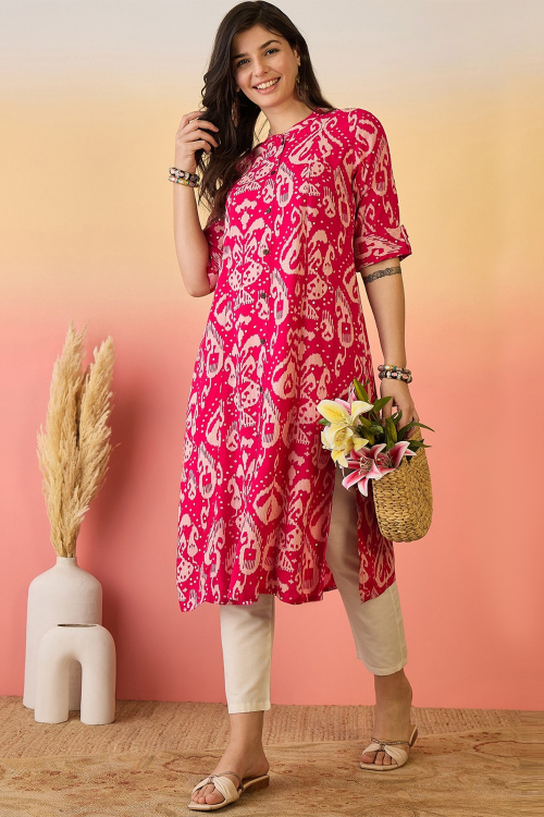 Ruby Pink Rayon Kurti with Printed Work For New Year 