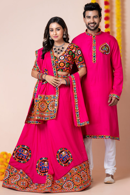 Ruby Pink Rayon Patch Embroidered Couple's Outfit 