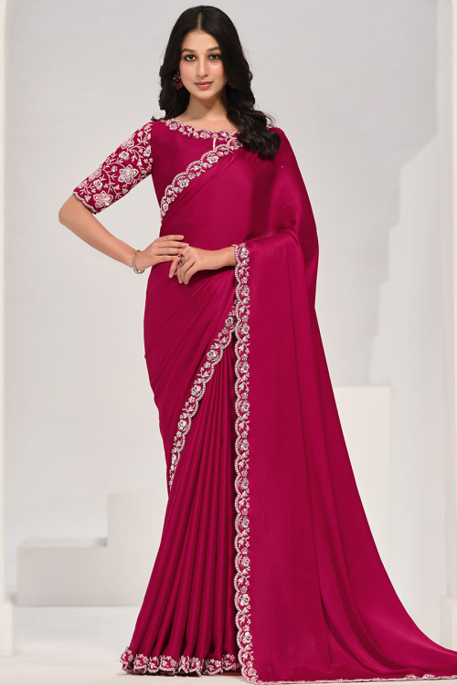 Ruby Pink Satin Dori Embroidered Light Weight Saree