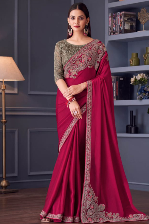 Ruby Pink Satin Silk Embroidered Saree For Festival