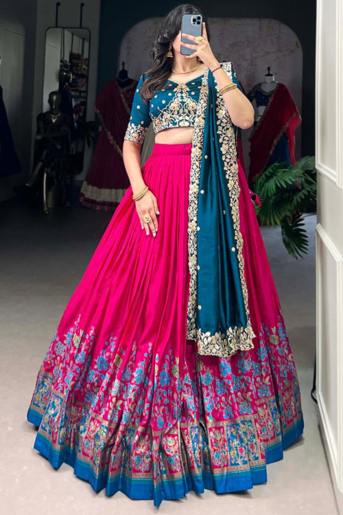 Ruby Pink Silk Blend Embroidered Flared Style Lehenga 