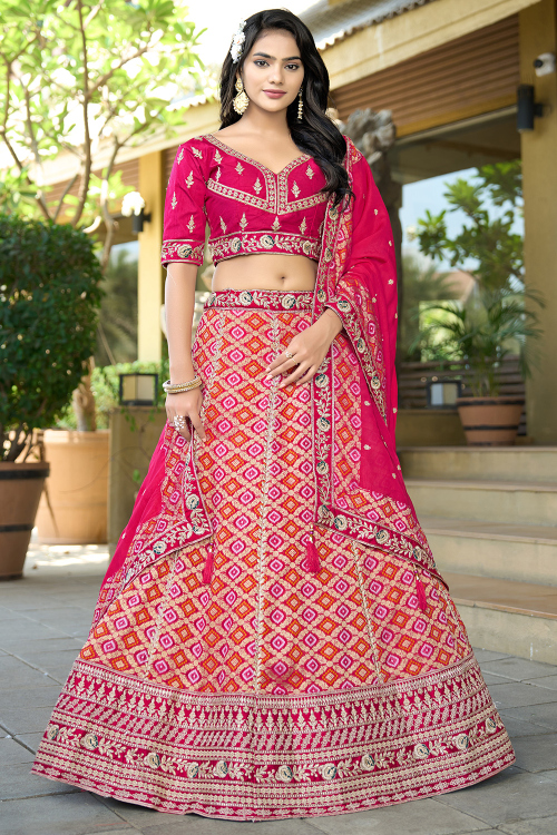 Ruby Pink Silk Blend Embroidered Panelled Style Lehenga