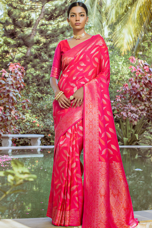 Ruby Pink Silk Blend Weaved Broad Border Saree