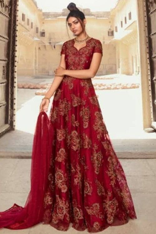 Cherry Red Net Embroidered Anarkali Suit
