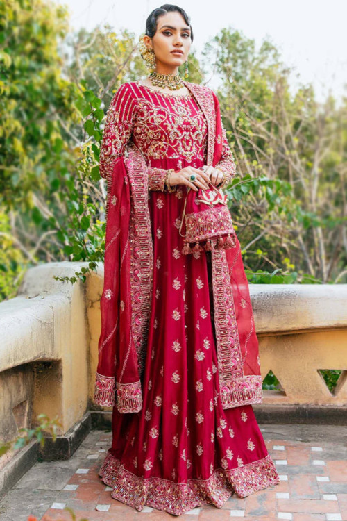 Ruby Pink Silk Anarkali Suit for Wedding Wear with Thread Work
