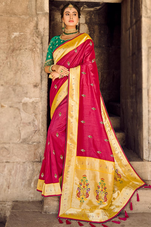 Saree in Silk Ruby Pink with Weaved Thread Work for Wedding 