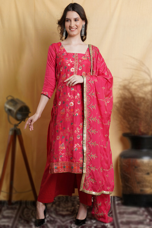 Ruby Pink Silk Embroidered Straight Cut Palazzo Suit 